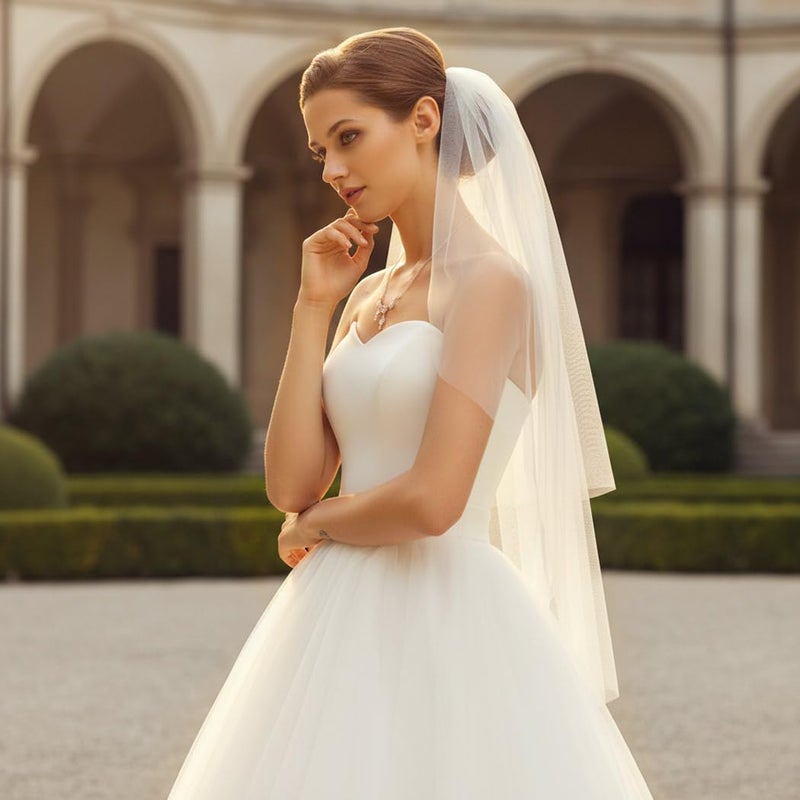 Unsutuo 2 Tiers Bride Wedding Veil Short Fingertip Bridal Tulle Veil with Comb and Cut Edge (White) - Image 4